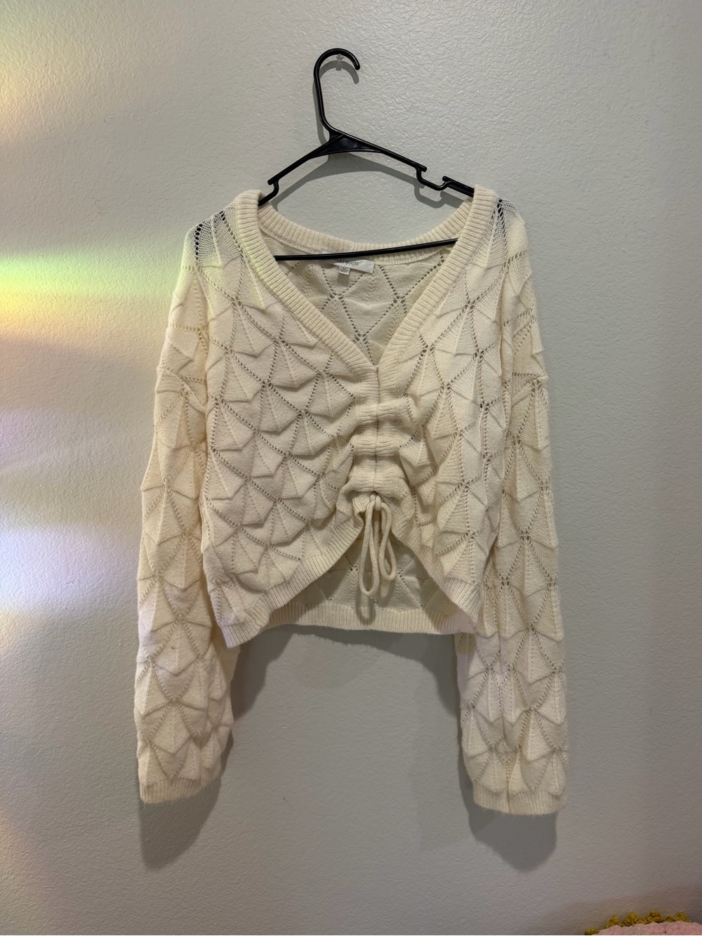 Anthropologie Cream Textured V-Neck Drawstring Sweater